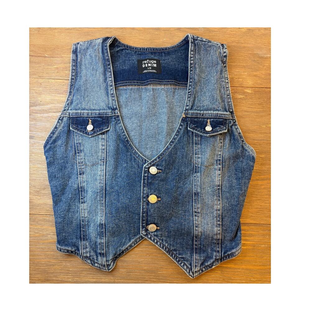 Refuge Denim Vest Women’s L Blue Jean Button Front Western Y2K Fitted Waistcoat